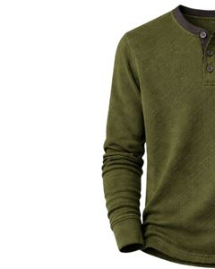Mens Waffle Henley Long Sleeve <b>Thermal</b> T Shirt Olive Green Casual Button Neck Winter Wear <b>Top</b> Cotton Slim Fit Breathable Fabric - Product Image 4
