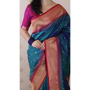 Sari de Seda Paithani Bandhani Verde con Tejido Zari de Elite Weaves, Elegante Sari para Club, 650g - Product Image 5