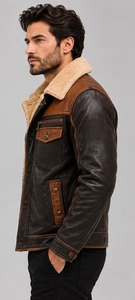 Veste en cuir noir et marron pour homme Champ King avec fermeture éclair et fausse fourrure - Product Image 5