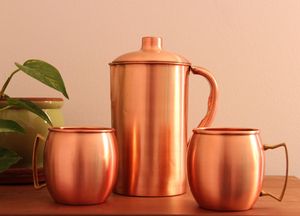 Carafe à eau en cuivre texturé avec couvercle et ensemble de gobelets, vaisselle en métal pour servir l'eau et les jus, durable, réutilisable, pour la cuisine - Product Image 4