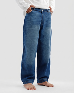 Men's Wide Leg <b>Jeans</b> 100% Cotton Stonewashed <b>Elastic</b> <b>Waist</b> Casual Breathable Midweight Spring Wear - Product Image 2