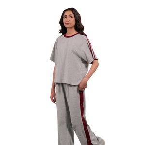<b>Women</b> Grey Two Piece <b>Lounge</b> Set Short Sleeve Top Matching Wide Leg <b>Pants</b> Burgundy Side Stripes Casual Sportswear Manufacturer - Product Image 3
