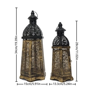 Antique Finish <b>Moroccan</b> Metal <b>Lanterns</b> Set Of 2 Bronze Cutout Design Hexagonal Shape For Home Decoration & Ramadan Lighting - Product Image 3