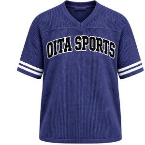 T-shirt de sport rayé à col en V en jersey tricoté sur mesure bleu indigo, respirant, coupe oversize, décontracté, pour équipe sportive - Product Image 1