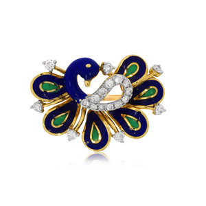 Bague de luxe en or jaune avec plumes de paon et diamants, motif paon premium en émail bleu et vert, pour femme - Product Image 3
