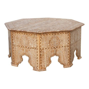 Table basse marocaine antique en laiton, artisanale, avec base en bois incrusté pliable, design islamique, accent décoratif, table à café latérale - Product Image 5