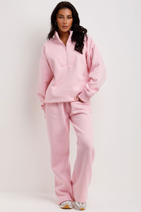 Custom Premium Pink Women 2 Piece Tracksuit <b>Set</b> – Half Zip Sweatshirt & Full Length Jogger <b>Sweat</b> <b>Set</b> | Fleece Lounge Wear - Product Image 4