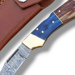 Cuchillos Plegables con Patrón Damasco y Funda de Cuero, Cuchillos de Bolsillo Portátiles para Caza, Camping, Senderismo, Supervivencia al Aire Libre y Uso Diario - Product Image 5