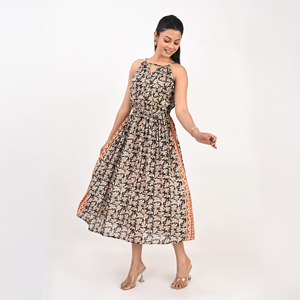 Robe midi à imprimé floral, col halter, coupe trapèze, sans manches, en coton, décontractée, pour l'été, avec taille naturelle, plissée et évasée - Product Image 3