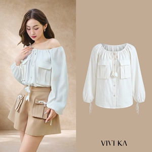 เสื้อผู้หญิง คอผ้ายืดหยุ่น ผ้าลินิน แขนยาว มีกระเป๋าหน้าผ้าแบบมีฝาปิด ผูกโบว์ ผูกเชือก สีงาช้าง เสื้อลำลอง SUSIE - Product Image 1
