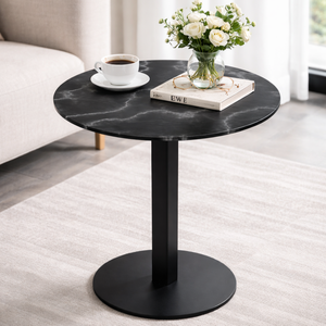 Table de café ronde de luxe durable avec plateau en marbre artificiel et support en métal noir mat de Metal Drake pour les espaces intérieurs modernes - Product Image 1