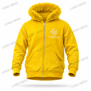 Sweat-shirt à capuche jaune personnalisé pour homme avec strass, manches et poches cloutées, fermeture éclair intégrale, style streetwear tendance - Product Image 2