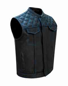 Chaleco de Cuero Genuino Negro para Hombre, Estilo Motero, con Costuras Azules en los Hombros, Estilo Club, Chaleco de Cuero para Motocicleta - Product Image 3