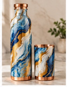 Ensemble de bouteilles d'eau esthétiques en cuivre vert-bleu avec tasse, motif floral, couvercle en cuivre, nouveau style chinois, portable - Product Image 5