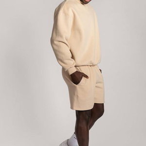 Newest 100% Cotton Fleece Blend Unisex Plain Hooded Oversize Turtleneck Blank Sweatshirt Shorts <b>Set</b> Winter High Street Men - Product Image 3