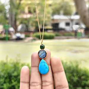 Wholesale brass necklace mohave emerald copper turquoise labradorite turquoise pendant 18k gold plated bezel set chain necklace - Product Image 5