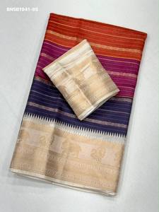 <b>Top</b> Quality Soft Cotton with Multi-Color Digital Print Stripe & Golden Traditional Motif Zari Border Saree Set At Wholesale Rate - Product Image 2