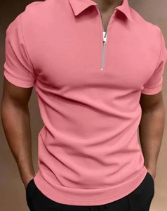 เสื้อโปโลแขนสั้นสีทึบสำหรับผู้ชายพร้อมซิปเสื้อถักลำลองสีน้ำตาล - Product Image 3