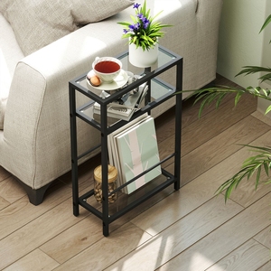 Mesa Auxiliar de Vidrio de 3 Niveles Premium, Estructura Metálica Negra Delgada, Revistero, Mesa Auxiliar Estrecha para Sofá, Sala de Estar - Product Image 6