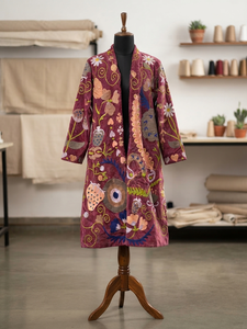 Wholesale <b>Women</b> Long Maroon <b>Velvet</b> <b>Coat</b> Hand Embroidered Suzani Vintage Winter Outerwear Bohemian Ethnic Floral Jacket Suzani - Product Image 3