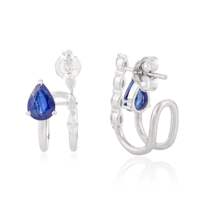 14K White Gold Modernist Blue Sapphire Diamond Huggie <b>Earrings</b> - Product Image 3