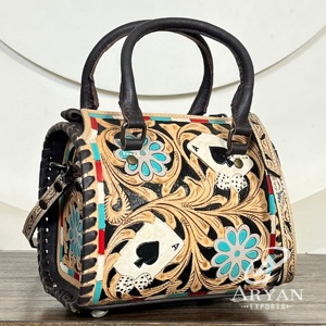 Premium Tooled Genuine Leather Small Speedy Duffel Bags Western Floral Card Design Shoulder Crossbody Travel Handbag for Women - Product Image 1
