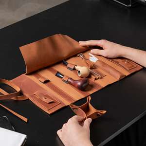 Factory Custom Genuine Leather Pipe <b>Roll</b> Case Portable Tobacco Pipe Storage Pouch Bag Travel <b>Kit</b> PRB-0028 - Product Image 6