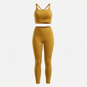 Conjunto de yoga de cintura alta para mujer, 2 piezas, atuendo deportivo sólido para gimnasio, sujetador deportivo con espalda cruzada y aberturas - Product Image 1