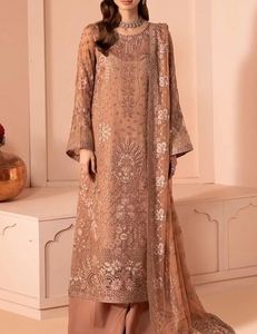 Costume indien pakistanais gris brodé en 3 pièces, longueur au sol, shalwar kameez, vêtements de fête pour femmes - Product Image 5