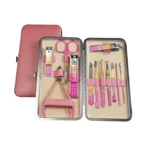 Manicure Set 12 Piece <b>Red</b> Textured Case Pink Handle Stainless Steel Tools Professional Personal Care Grooming Kit - Product Image 1