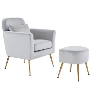 Fauteuil de loisirs d'intérieur en flanelle gris clair semi-démontable avec pieds et repose-pieds dorés pour salon - Product Image 4
