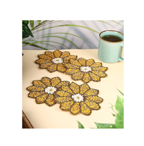 <b>Beaded</b> <b>Coaster</b> Set of 4 <b>Coaster</b> Oriental Design Fabric Mats With Gold And White Pearl Embroidery <b>Coaster</b> - Product Image 3