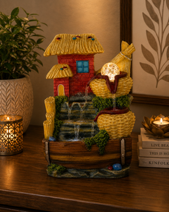Fontaine d'eau de table compacte en résine rustique moulée, artisanale, avec lumière LED, design cottage, parfaite pour un cadeau de déménagement - EOB International - Product Image 1