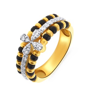 Elegant Yellow Gold <b>Ring</b> with Round-Cut Center Diamond White Diamond Halo and Alternating <b>Black</b> Onyx and Gold Bead Bands - Product Image 1