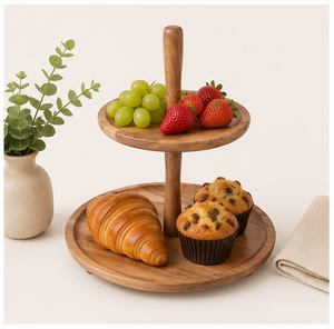 Modern 2 Tier Wooden <b>Cake</b> <b>Stand</b> Solid Acacia Wood Cupcake Dessert Serving Tray For Weddings Parties And Home Decor Eco-Friendly - Product Image 2