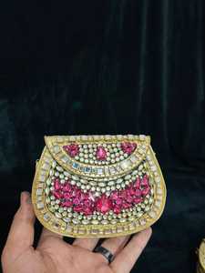 Fashion Mini Coin Pearl Diamond Beaded Clutch Handbag Gold Plated Zip Closure Single Strap Water Resistant Polyester Lining - Product Image 1