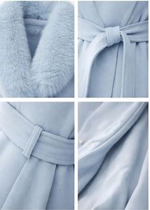 Veste de moto en laine bleue pour femme, col en fourrure, ceinture, design long pour l'hiver, doublure en coton respirante - Vêtement d'hiver minimaliste et formel - Product Image 4