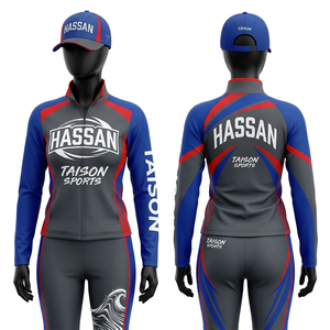 Chándal de Entrenamiento para Mujer, Tela de Poliéster y Elastano de Alto Rendimiento, Diseño de Paneles Dinámicos en Azul, Gris y Rojo, Logotipo Personalizado por Sublimación - Product Image 1