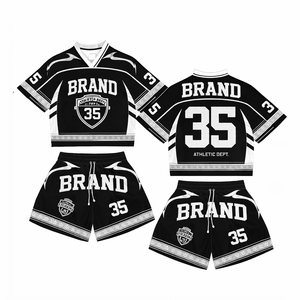 Personalized V-neck <b>T</b>-Shirt Shorts Set Men Summer Custom Mesh Boxy Cropped Retro Football Jersey 2-Piece Outfit Side Pockets - Product Image 1