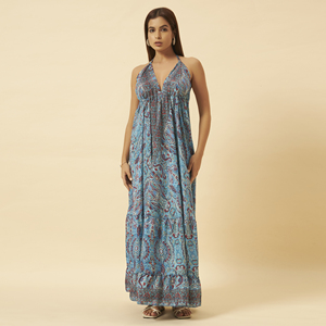 Vestido Maxi Halter Azul con Estampado Paisley para Mujer, Estilo Bohemio, Corte Regular, Verano, Playa, Resort, Sin Mangas, Chifón, Corte Imperio, Transpirable, Casual - Product Image 4