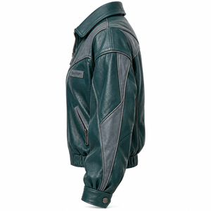 Genuine Leather Bomber Jacket <b>Womens</b> Dark Teal Green Grey Panel Elastic Waist Zipper Collar <b>Coat</b> Custom Oem Supplier - Product Image 4