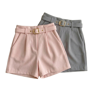 Shorts en tissu tricoté taille haute pour femmes, couleur unie, avec ceinture, coupe décontractée, 100% coton, logo personnalisé, blanc, vert - Product Image 2