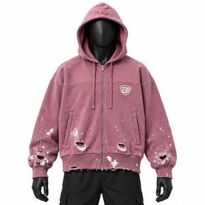 Sudadera con capucha y cremallera para hombre, personalizada, con efecto desgastado, salpicaduras de pintura, color malva empolvado, corte holgado, estilo urbano, logotipo bordado, OEM, marca privada - Product Image 1