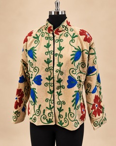 Suzani Beige <b>Velvet</b> Embroidered <b>Jacket</b> for <b>Women</b> Elegant Ethnic Open Front Floral Embroidery Luxury Winter Fashion Outerwear - Product Image 1
