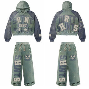 Ensemble de survêtement deux pièces en coton avec logo personnalisé, effet délavé vintage, coupe oversize, joggers déchirés et effet délavé à l'acide, style évasé - Product Image 1