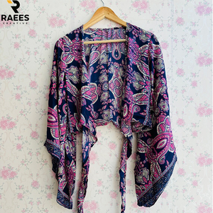 New Arrival Bohemian Silk Wrap Top For Women Flare <b>Bell</b> <b>Sleeve</b> Tie Top Boho Crop Top Tunic <b>Dress</b> With Short Length - Product Image 1