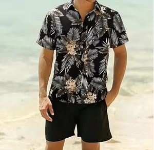 Chemise hawaïenne à manches courtes pour homme, imprimé floral, noire, respirante, 100% coton, vêtements de vacances, col en V, style estival, séchage rapide - Product Image 3