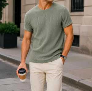 STELLAR Men's <b>Green</b> Cotton Waffle Knit Short Sleeve O Neck Regular Fit Breathable Eco-Friendly Anti-Pilling Casual <b>T</b>-<b>Shirt</b> - Product Image 1