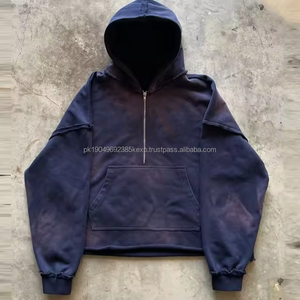 Sun faded No String acid wash Vintage Heavyweight <b>Hoodie</b> Blank <b>Graphic</b> <b>Hoodie</b> Baggy half <b>zip</b> Cropped <b>Hoodie</b> Men - Product Image 2