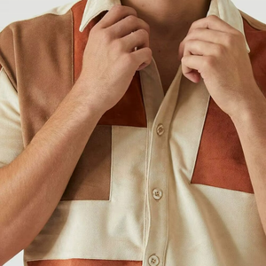 Short Sleeve Button up 3 Color Block <b>Patchwork</b> Splice Faux Suede <b>Shirt</b> for Men - Product Image 4